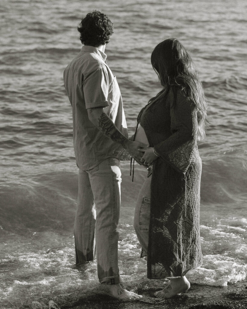 Maternity Photos in Lake Tahoe, couple standing in the water